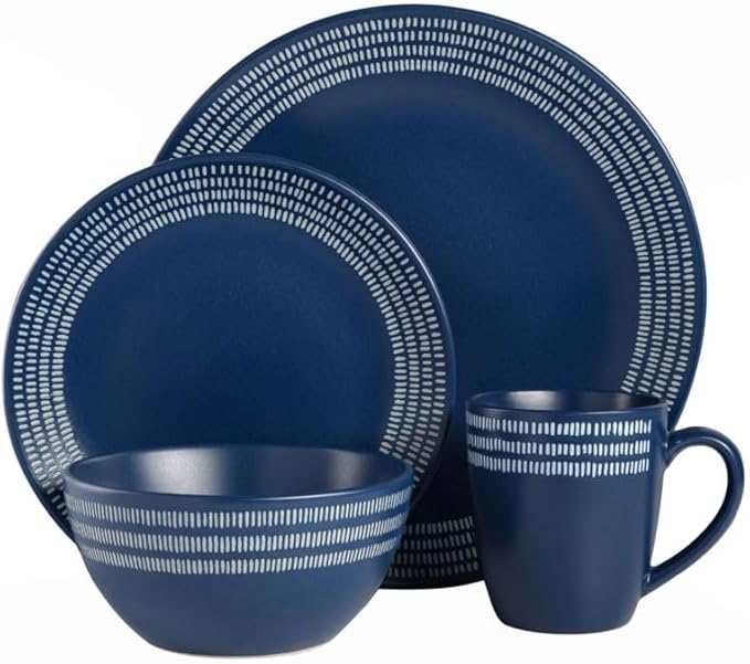 Tableware Set of Plates Dinner Sets 16-Piece Striped Rim Stoneware Dinnerware Set Plate Ceramic Dishes