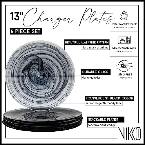 Vikko Charger Plates Set of 6 Black Alabaster Dinner Plates 13 Plate with Marbelized Swirl Design Elegant Glass Charger Dishwasher Safe