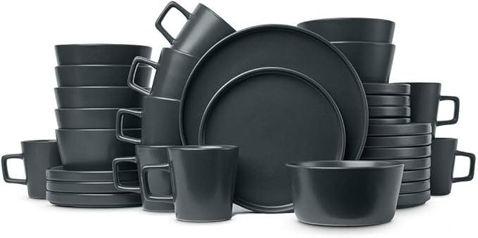 32 Piece Modern Trendy Stoneware Dinnerware Set Service for 8 Unique Lipped Edge Fully Dishwasher Microwave Safe Solid Color Grey Dinnerware Set