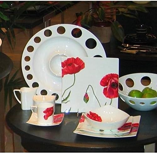 TRP 16 Piece Bone China Floral Dinnerware Set Red All Seasons Blooming Square Plates Bowls Mugs - Dinnerware Set for 4