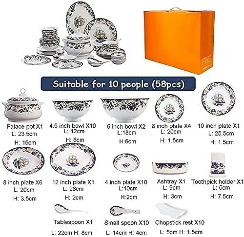 58 Piece Bone China Porcelain Dinnerware Set Sailboat Pattern Ceramic Tableware Collection Plate Set