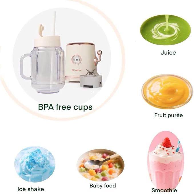 ECretro Retro Smoothie Blenders Countertop Juicer Maker with 20oz BPA Free Travel Cup and Lid 300W 2-Speed for Shakes and Ice Crush (Beige Yellow)