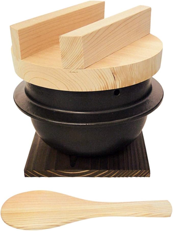 Japanese Rice Cooker Donabe Clay Pot Set 3 Go (3 Cups) Includes Hinoki Rice Scoop
