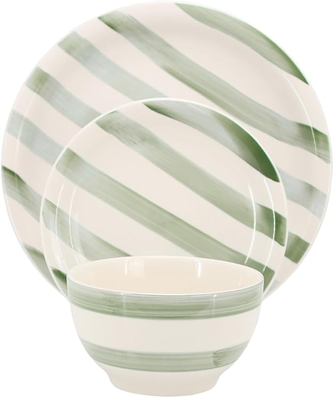12 Piece Stoneware Dinnerware Set Rustic Handpainted Stripe Plates and Bowls Service for 4 Microwave and Dishwasher Safe (Green Stripe)