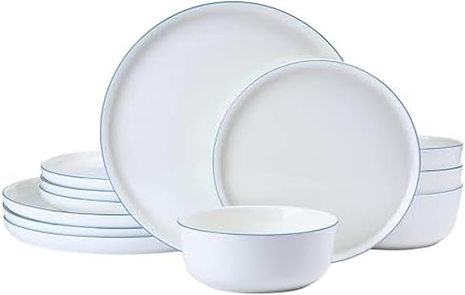 Mikasa Samantha 12 Piece Bone China Dinnerware Set Service for 4 Flat Plates and Bowl with Blue Rim Chip-Resistant Lightweight Elegant and Durable White
