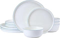 Mikasa Samantha 12 Piece Bone China Dinnerware Set Service for 4 Flat Plates and Bowl with Blue Rim Chip-Resistant Lightweight Elegant and Durable White