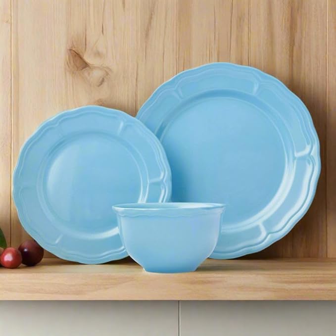 Godinger Madison Blue Stoneware 12-Piece Dinnerware Set – Classic Glazed Plates and Bowls Service for 4 Microwave &amp Dishwasher Safe