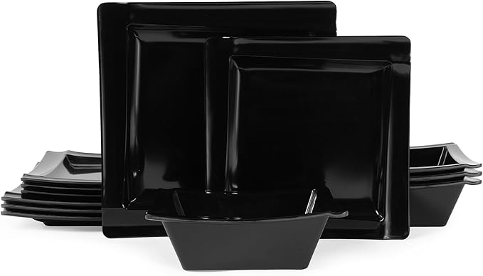 Square Melamine Dinnerware Sets of 12 PcsSquare Plates and Bowls SetsUnbreakable Dish Set for 4Lightweight Dishwasher Safe and BPA FreeSuit for RVCamping（Black）