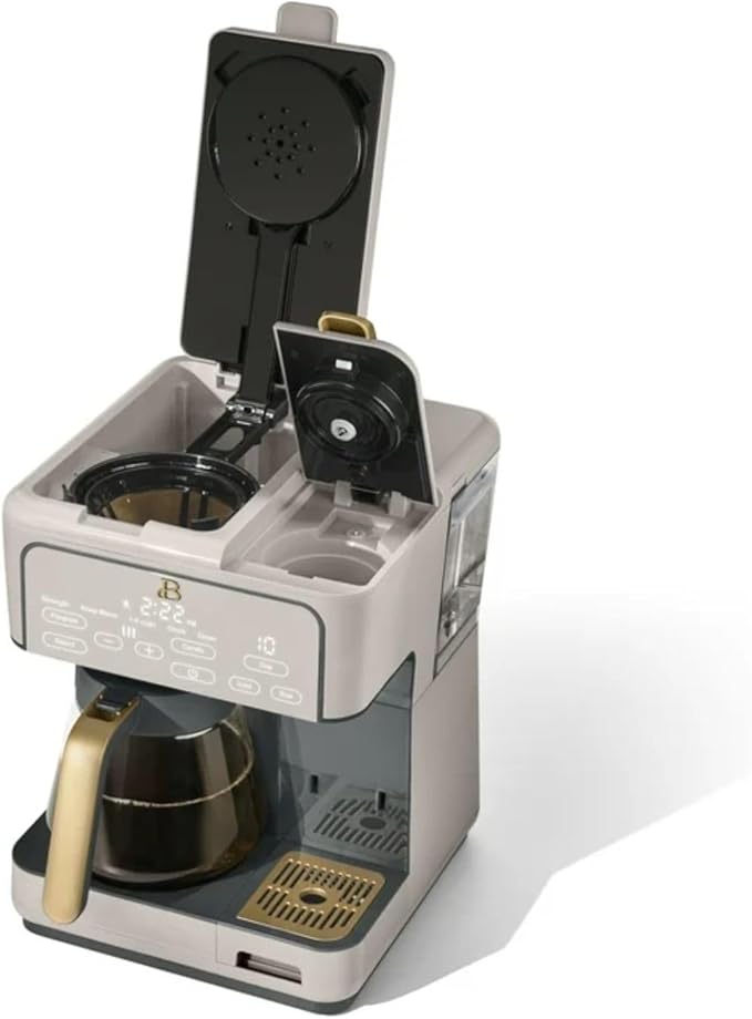 Multi-Brew Coffee Maker 12-Cup Carafe + Single-Serve Pods or Grounds Over Ice Touch Display by Drew Barrymoree. (Porcini Taupe)