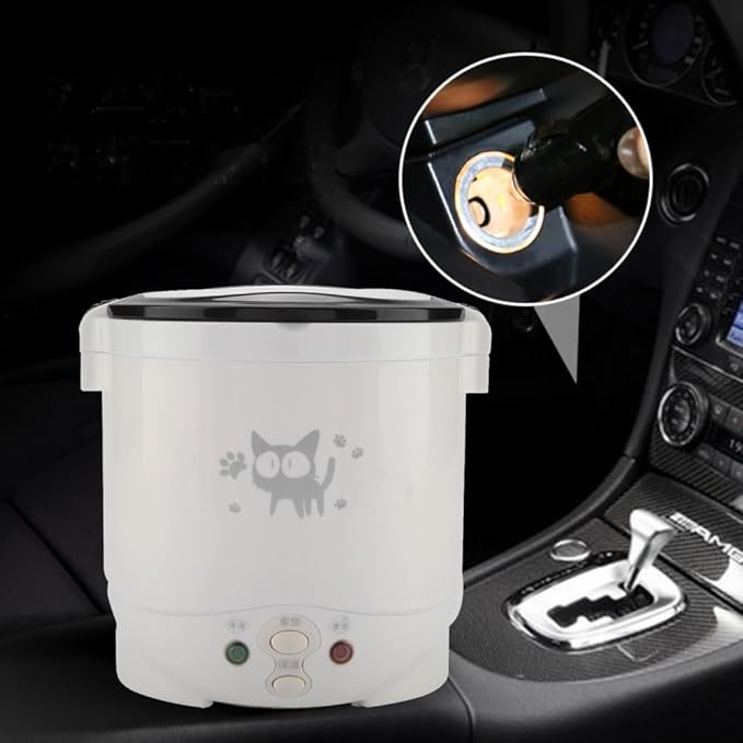 1L Mini Rice Cooker 12V Electric Lunch Box Multifunctional Portable Non Stick Pot White for Car Travel Camping