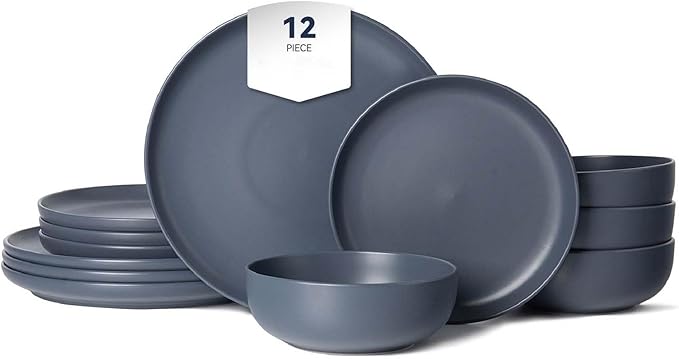Plates and Bowls Sets 12 Pieces Modern Stoneware Dinnerware Sets Stackable Matte Glaze Kitchen Stoneware Plates and Bowls Set for 4 People Microwave and Dishwasher Safe(Blue)