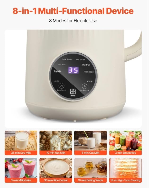 8 in 1 Nut Milk Maker Blender 32oz Homemade Soy Almond Oat Coconut Plant Based and Non Dairy Beverages Automatic Soybean Machine With Delay Start/Keep Warm/Boil Water Cream