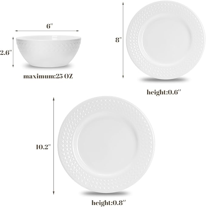 18-Piece Bone China Dinnerware Set for 6 White Porcelain Plates and Bowls with Textured Design Lightweight Microwave Dishwasher Safe for Family Dining