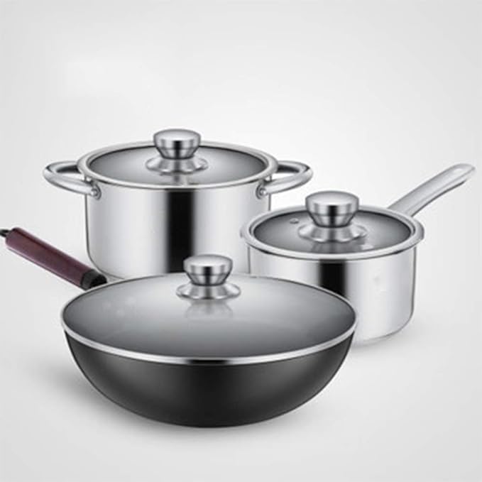 3Pc Pan Sets - Stainless Steel Frying Pan and Saucepan Set with Lids Stay Cool HandlesSuitable for A Variety of Stoves Including Induction Cookers Saucepan