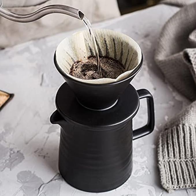 Ceramic Pour Over Coffee Maker SetPremium Black V60 Dripper and Hand Coffee Pot1-2 Cup Home Filter Coffee Maker-500ml
