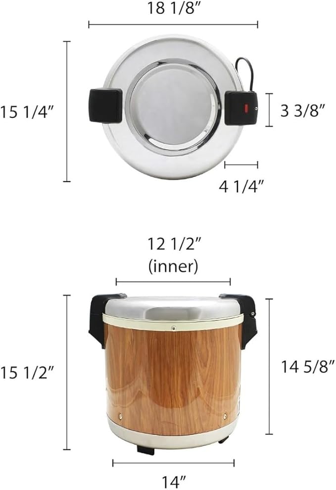 TrueCraftware- 50 Cup Electric Rice Warmer Stainless Steel Hinged Lid and Base with Wood Grain Accented Body- Keep Warm Makes Soups Stews Grains Hot Cereals for Commercial Rice Cooker and Warmer