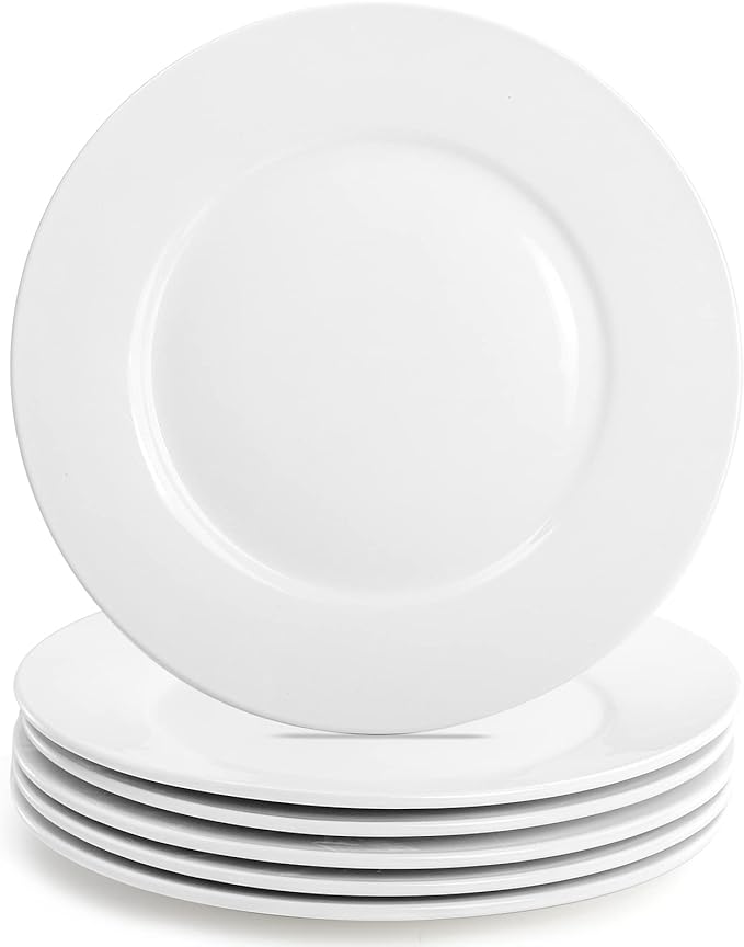 Foraineam White Dinner Plates Set 10 Inch Porcelain Dessert Salad Plate Catering Round Serving Dishes Dinnerware Sets Microwave Oven and Dishwasher Safe Set of 6