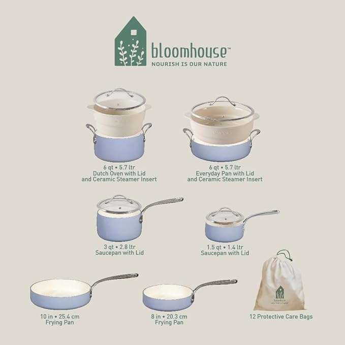Bloomhouse 12 Piece Aluminum Pots and Pans Cookware Set w/Non-toxic Ceramic Non-stick Ceramic Steamer Insert &amp 12 Protective Care Bags - Periwinkle Blue
