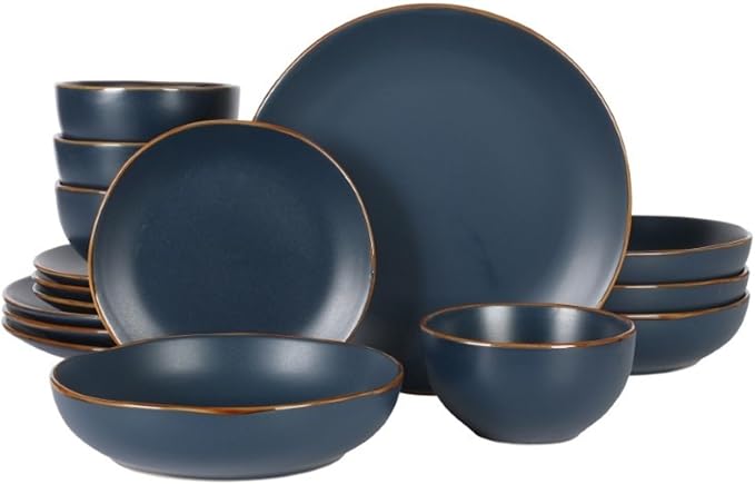 Gibson Home Hazeltine 16-Piece Navy Blue Stoneware Dinnerware Set – Plates and Bowls Durable Ceramic Kitchen Dinner Set