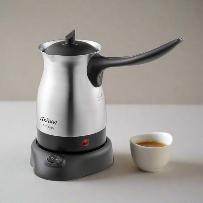 Arzum Cezve Electric Turkish Coffee Maker Stainless Steel Boil-Dry Protection Lid for Extra Protection Cordless Use 1 to 4 cups 120V 3-pin US-plug 800W