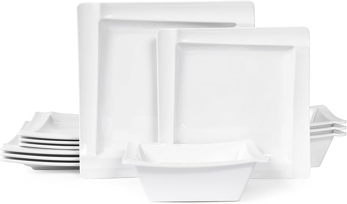 Square Melamine Dinnerware Sets of 12 PcsSquare Plates and Bowls SetsUnbreakable Dish Set for 4Lightweight Dishwasher Safe and BPA FreeSuit for RVCamping（White）