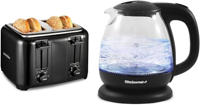 Proctor Silex 4 Slice Toaster with Extra Wide Slots Black (24215PS) &amp Elite Gourmet EKT1001 Electric BPA-Free Glass Kettle Black 1L