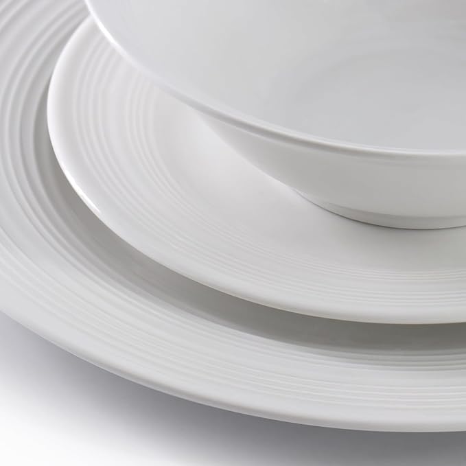 Everyday Embossed 12 Piece Ceramic Dinnerware Set Round White Plates and Bowls Dishwasher &amp Microwave Safe