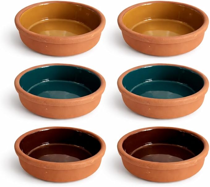 Areste Mexican Clay Cookware Set of 6 – Terracotta Pots Bowls Plates &amp Serving Dishes – Spanish Earthenware for Baking Yogurt Kheer Meat Vegetables – Cazuelas Mexicana (Green Brown Yellow