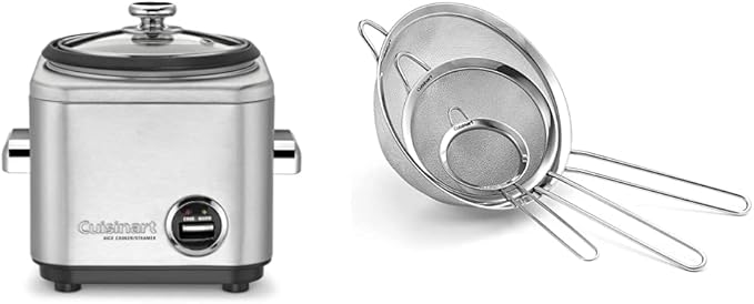 Cuisinart CRC-400 4 Cup Rice Cooker Stainless Steel Exterior &amp CTG-00-3MS Set of 3 Fine Set of Mesh Strainers Stainless Steel Pack of 3