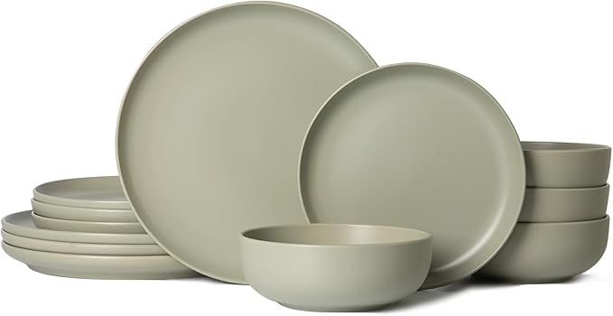 12-Piece Stoneware Dinnerware Set with Mugs | Microwave and Dishwasher Friendly | Stackable Matte Glaze Plates &amp Bowls | Service for 4