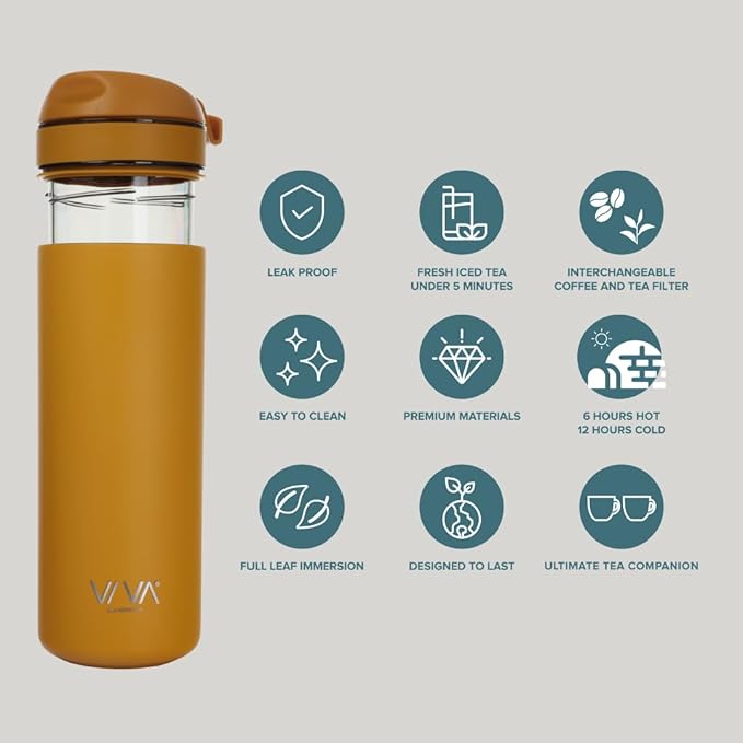 VIVA Recharge Mustard Insulated Tea &amp Coffee Mug &amp Travel French Press Coffee Maker 16 oz Brew &amp Drink From the Same Coffee Mug On the Go or Camping