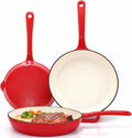 Hisencn Enameled Cast Iron Frying Pan Set 3 Piece Set of 8''/9.5''/11'' Skillets PFAS &amp PTFE &amp PFOA Free Gas/Induction/Electric/Oven Compatible Rouge Red