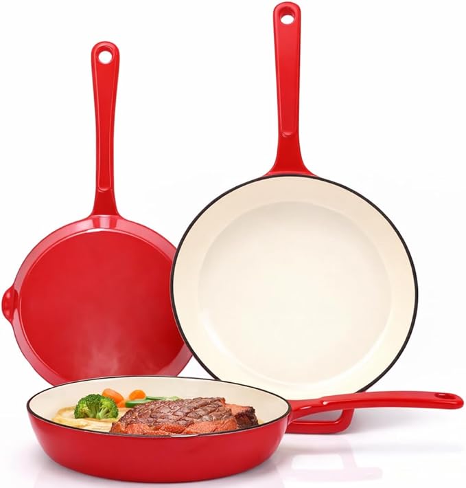 Hisencn Enameled Cast Iron Frying Pan Set 3 Piece Set of 8''/9.5''/11'' Skillets PFAS &amp PTFE &amp PFOA Free Gas/Induction/Electric/Oven Compatible Rouge Red
