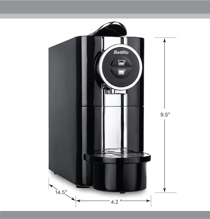 Barsetto One-Touch Espresso Maker with 19 Bar High-Pressure Pump Fast Pre-Heating Short or Long Shots Compatible with Standard Espresso Coffee Pods Black and Silver Automatic Coffee Machine