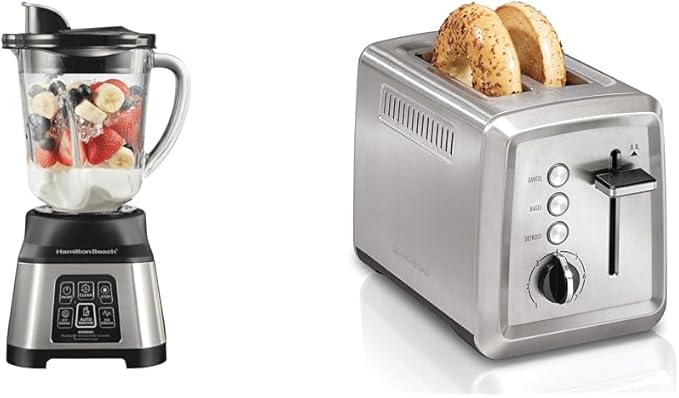 Hamilton Beach Blender and Toaster Bundle - 850W Smoothie Blender with 5 Functions Wave Action System and 40oz Jar plus 2 Slice Toaster with Extra Wide Slots and Bagel Setting
