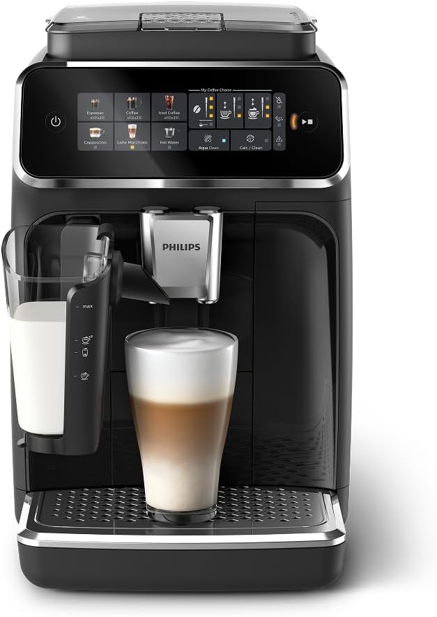 Philips 3300 Series Fully Automatic Espresso Machine with LatteGo Milk System and integrated grinder 6 Hot &amp Iced Coffee Pre-Sets 40% Quieter SilentBrew 15-Bar Pressure Glossy Black (EP3341/50
