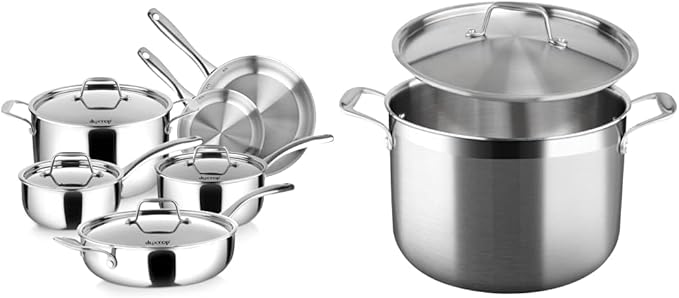 Duxtop Whole-Clad Tri-Ply Stainless Steel Induction Cookware Set 10PC Kitchen Pots and Pans Set &amp Whole-Clad Tri-Ply Stainless Steel Stockpot with Lid 8 Quart Kitchen Induction Cookware