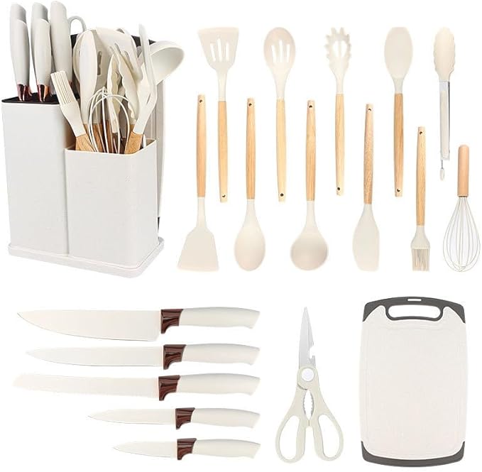 19 Piece Silicone Kitchen Utensil Set with Storage Bucket Non-Stick Cookware Tools Camping Chef Kit Food Grade Heat Resistant Silicone and Rust-Proof Coating