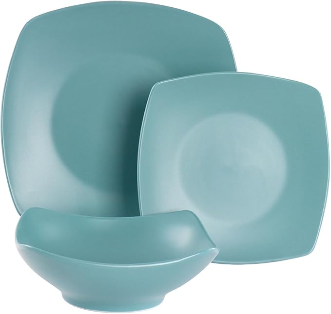 8 Piece Ceramic Dinnerware Set – Modern Matte Arctic Blue Plates and Bowls Soft Square Design Microwave &amp Dishwasher Safe (Arctic Blue)