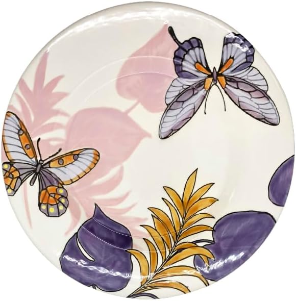 ARTESA ORGANICS BRIGHT NATURE LILA Ceramic Dinnerware Set Lilac Butterfly Pattern with Tropical Leaves Handmade &amp Hand-Painted 4-Piece Collection Microwave Safe