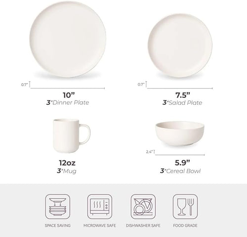 12-Piece Stoneware Dinnerware Set White Matte Glaze Service for 3 Includes Dinner Plates Salad Plates Bowls Mugs Microwave and Dishwasher Safe