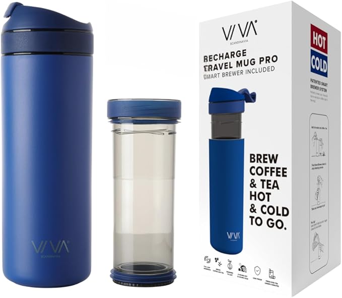 VIVA Recharge Blue Insulated Tea &amp Coffee Mug &amp Travel French Press Coffee Maker 16 oz Brew &amp Drink From the Same Coffee Mug On the Go or Camping