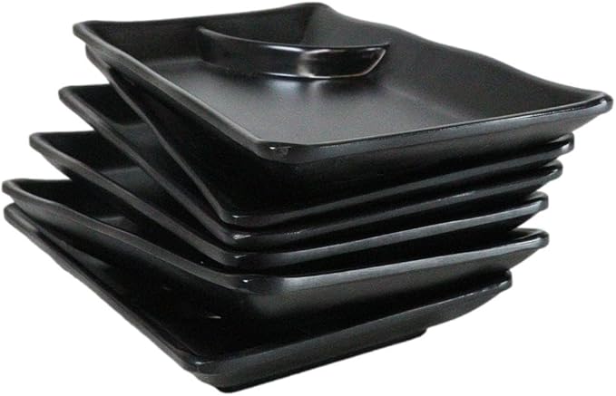 Ebros Gift Contemporary Ridged Matte Black Melamine Series Dinnerware Serveware Kitchenware Set Japanese Chinese Restaurant Supply (Pack Of 6 Rectangular Sushi Appetizer Entree Partitioned Plates)