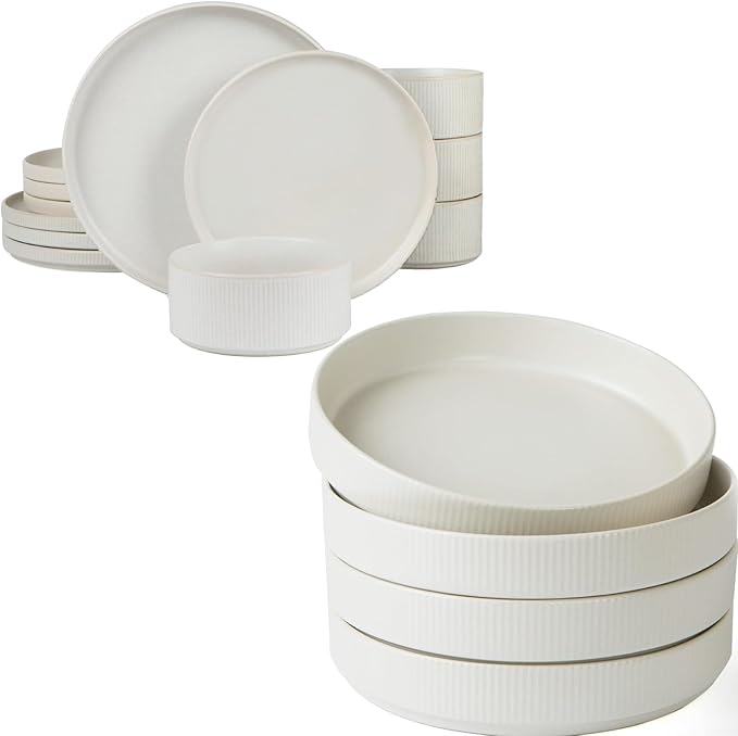 Famiware Star Dinnerware Set with Plates and Bowls Service for 4 (16-Piece) Stoneware Kitchen Dishes Dinner Sets - Matte White (Full Glaze)