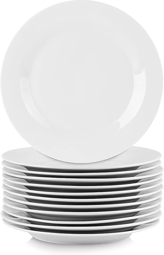 12-Piece Porcelain Dinner Plate Set – Large White Square &amp Round Plates Microwave and Dishwasher Safe Elegant Durable Dinnerware for Everyday Meals and Entertaining (Round)