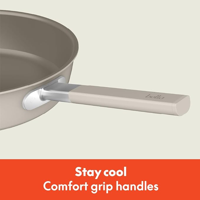 bella 9 Piece Ceramic Nonstick Cookware Set Fits-anywhere™ Kitchenware w EverGood™ Coating Dishwasher &amp Oven Safe All Stovetops Compatible Stackable Design Cool Touch Handles Oatmilk