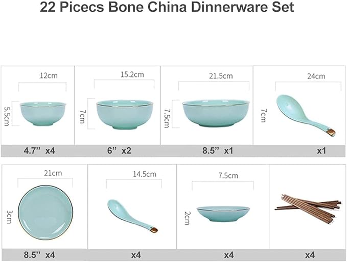 Dinnerware Set Dinner Party Tableware Service Set Bone China Porcelain Dinnerware Set European-Style Penh Bone China Tableware Set Bowls and Plates Dinner Set Service (One Color 22pieces)