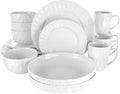 18 Piece White Porcelain Dinnerware Set with Cups and Serving Bowls – Diamond Pattern Plates and Bowls Service for 4 Microwave &amp Dishwasher Safe