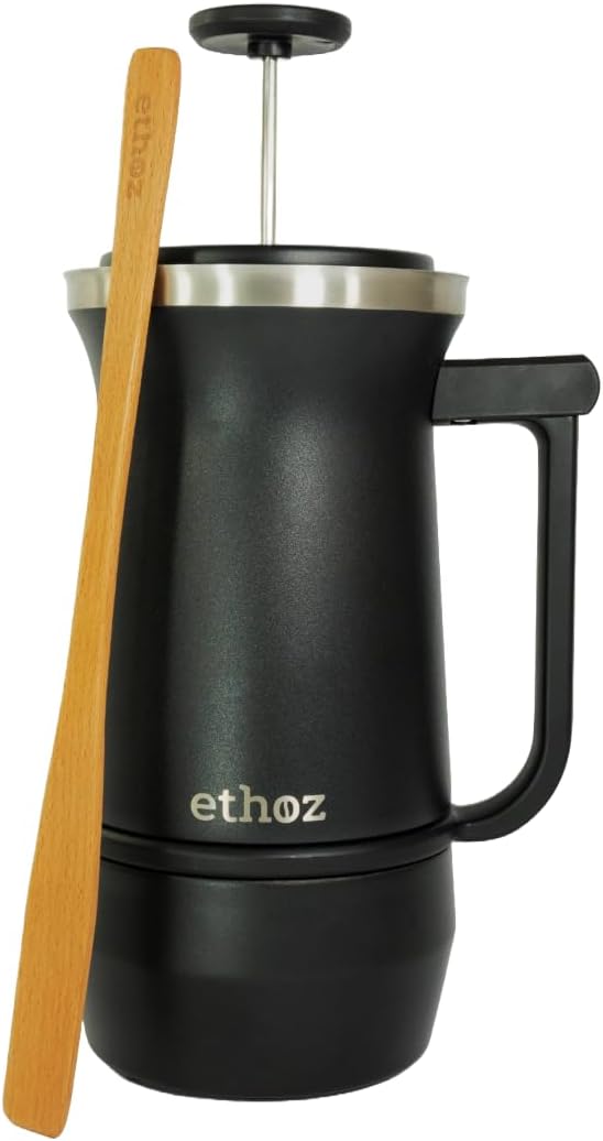 Ethoz® by Planetary Design Uptowner French Press | 32 fl oz Stainless Steel | US Patented Bru-Stop &amp Removable Bottom | Double-Wall Insulated for Smooth Balanced Coffee – No Grit No Bitterness