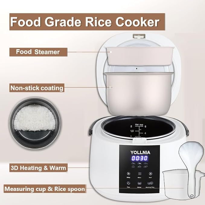 3L Rice Cooker 12 cups (Cooked) Mini Digital Rice Cooker6 in 1 Multicooker for Grain Preset and Reheat Options 12-Hr Delay Timer Auto Keep Warm Non-Stick Inner Pot with Steaming Basket